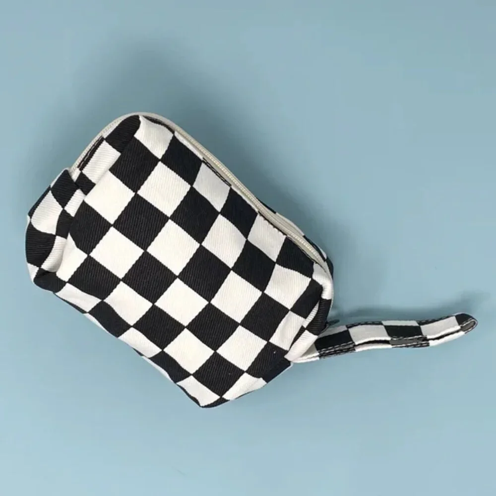 NWT Canvas Zippered Black Checkerboard Makeup Clutch